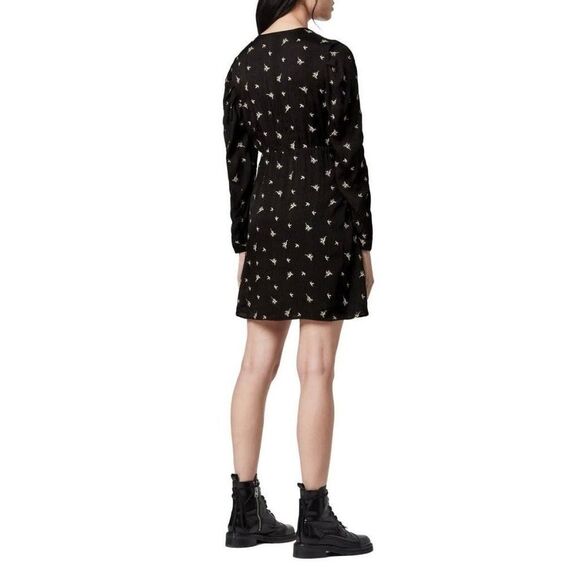 ALLSAINTS Rosi Embroidered Mini Dress Grunge Floral Long Sleeve V-Neck Crepe 4 - Picture 3 of 12